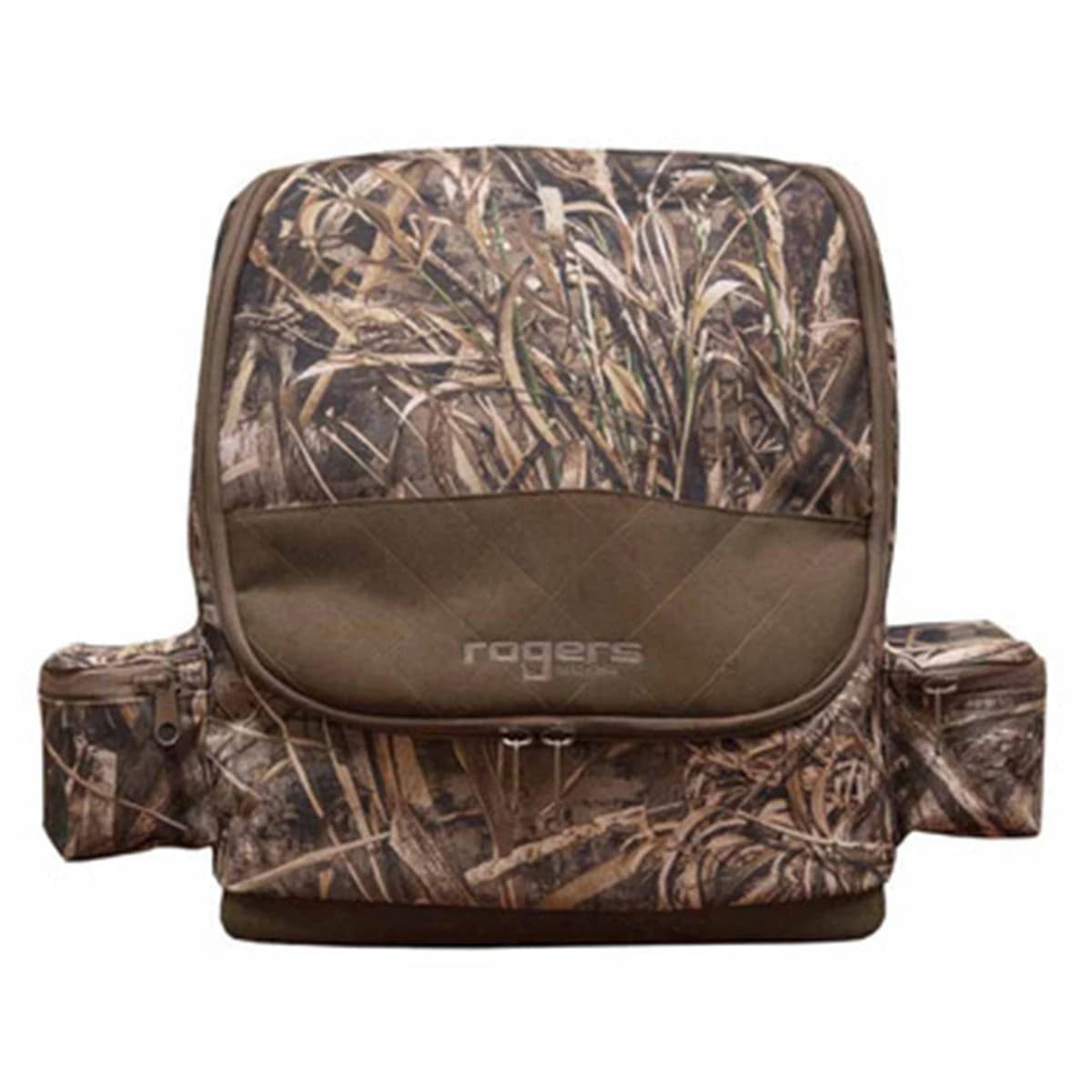 Rogers Elite Double Spinning Wing Backpack in Realtree Max 7, front view: quilted brown lid flap with the Rogers logo, a pouch on each side.