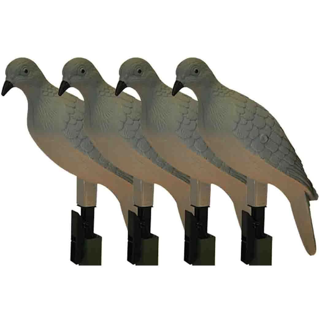 Four Mojo clip-on dove decoys in a row, grey moulded birds facing left, each on a black clothes-pin clip.