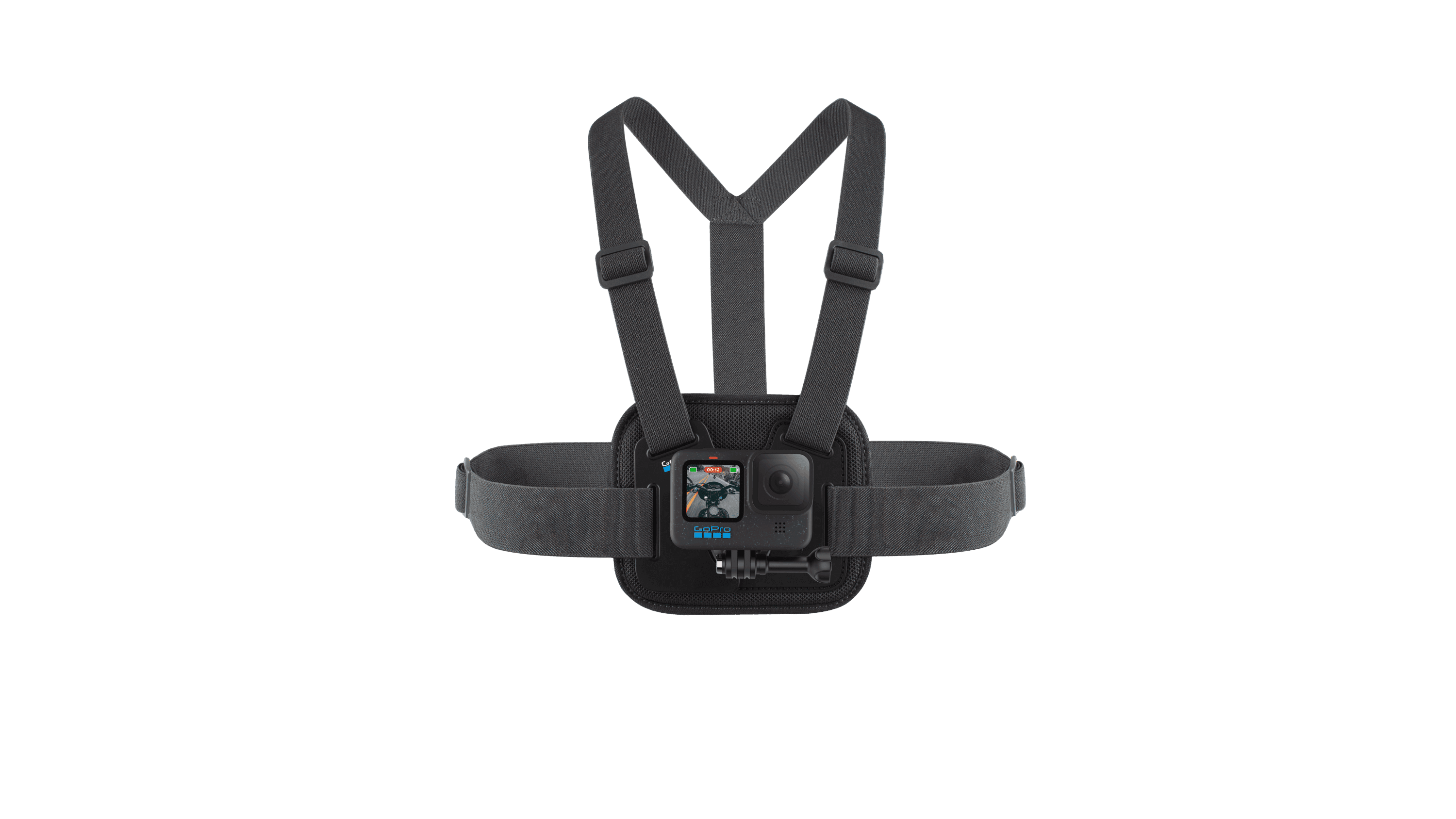 GoPro Chesty chest harness with a HERO12 Black mounted in the centre, front view.