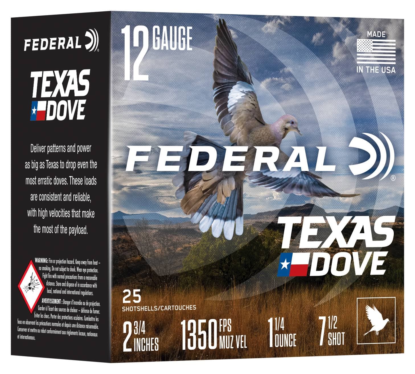 A box of Federal Texas Dove 12 gauge shotshells: a mourning dove in flight over a field, with the Texas flag mark and the load printed along the bottom.